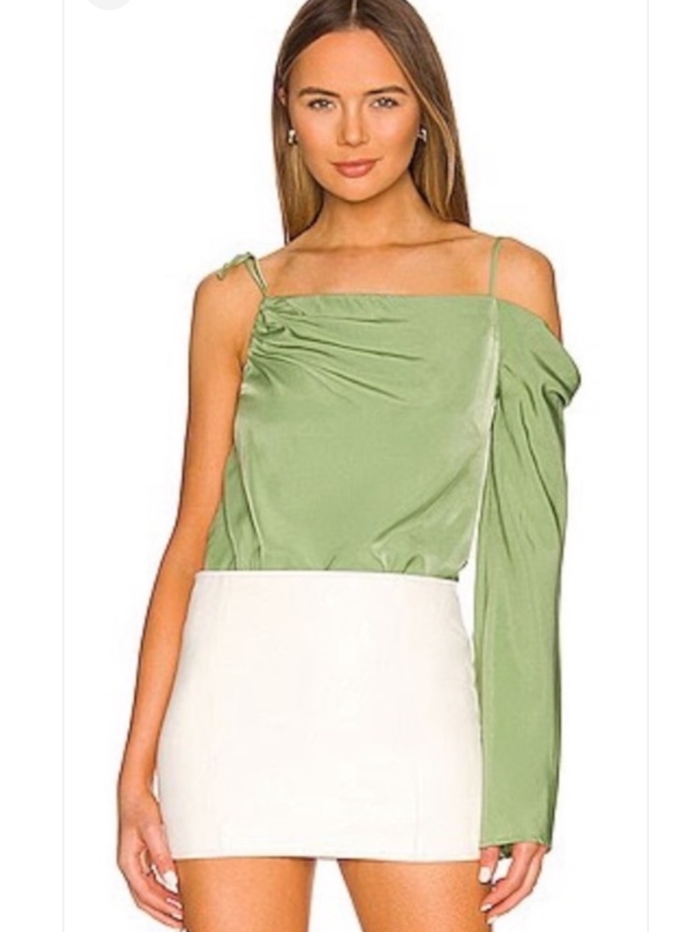 Revolve Camila Coelho Kimley One-Shoulder Satin bodysuit in jade green